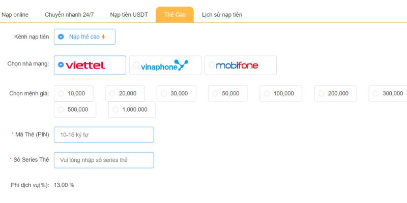 Nạp tiền đơn giản qua phương thức thẻ cào điện thoại
