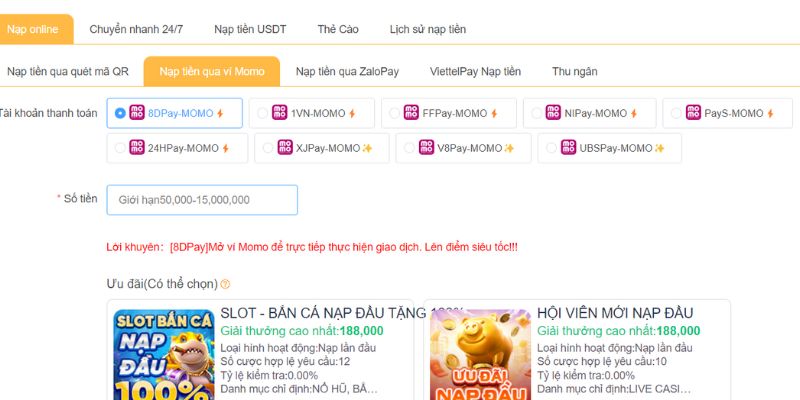 Nạp tiền nhanh chóng qua ví điện tử Momo